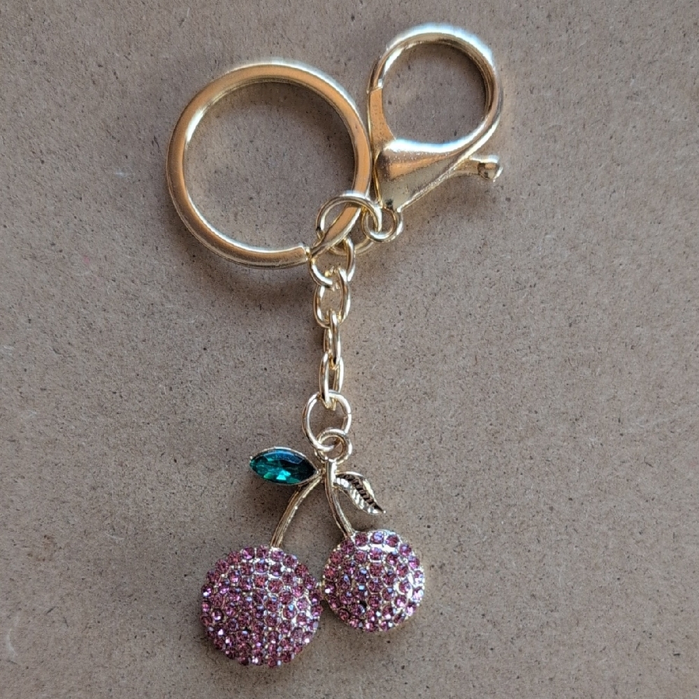 Cherry Chic Gold Cherry Keychain with Pink and Green Accents
